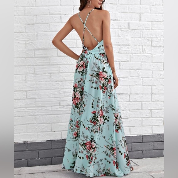 Boho Criss Cross Backless Open Back Floral Print Cami Maxi Dress - Picture 4 of 6